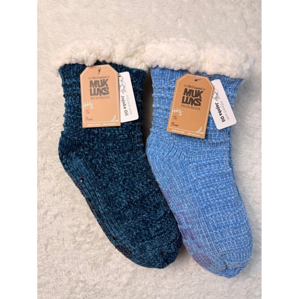 Muk Luks 2 Pair Plush Cabin Socks Sherpa Lined Jojoba Oil S/M 6-8 NWT